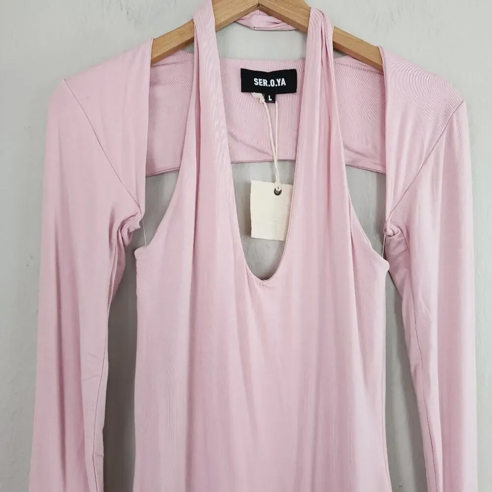 SER.O.YA Lana Two Piece Dress Set Pink Halter Mini Shrug NWT Revolve Large New